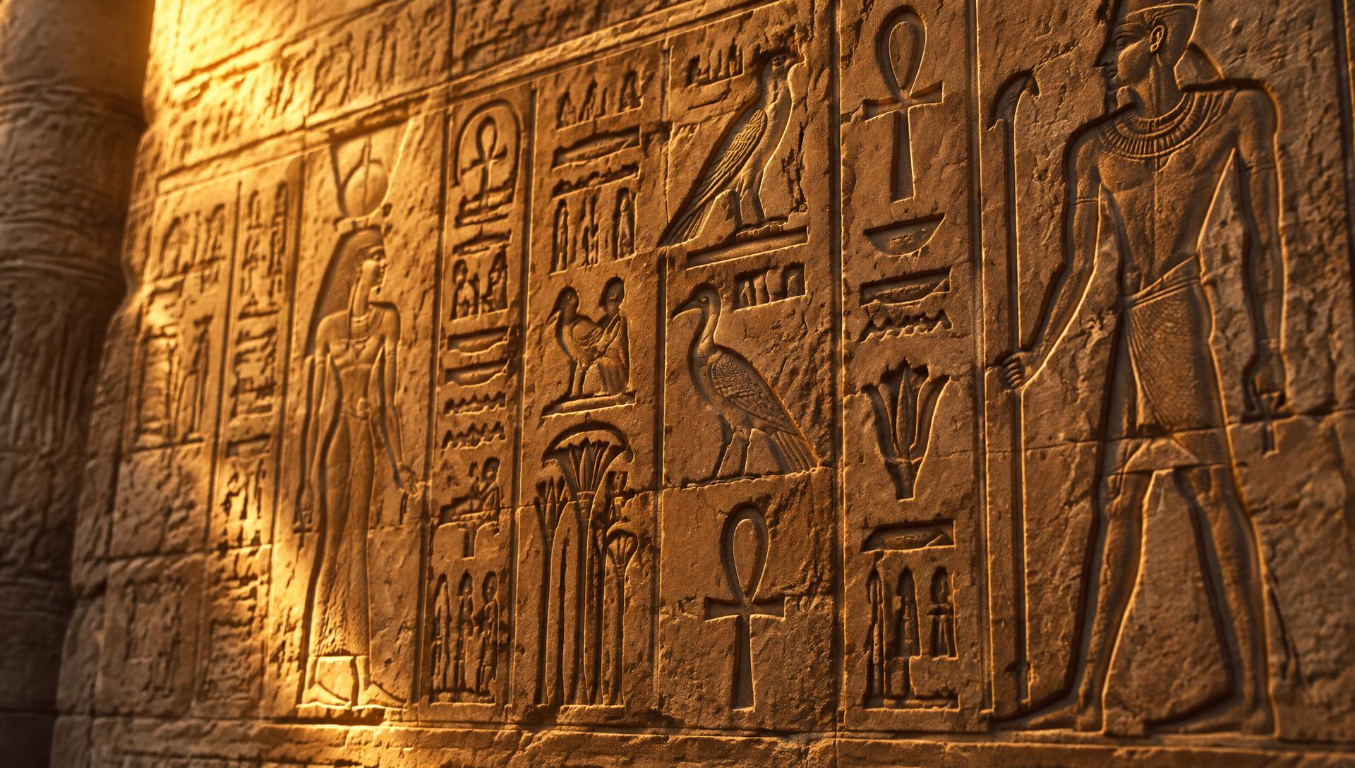Carved hieroglyphs on a warm sandstone temple wall
